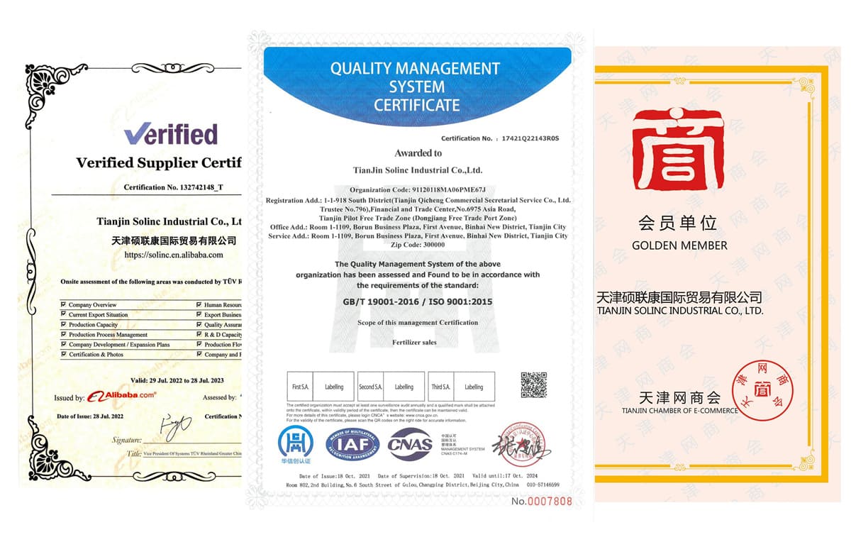 Certificación da empresa sulfato d amonio fertilizante solinc de China