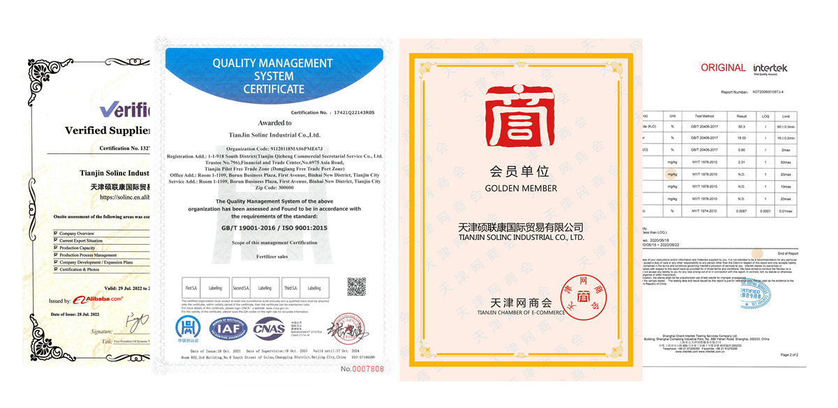 Company Certification  Calcium Nitrate Solinc fertilizer