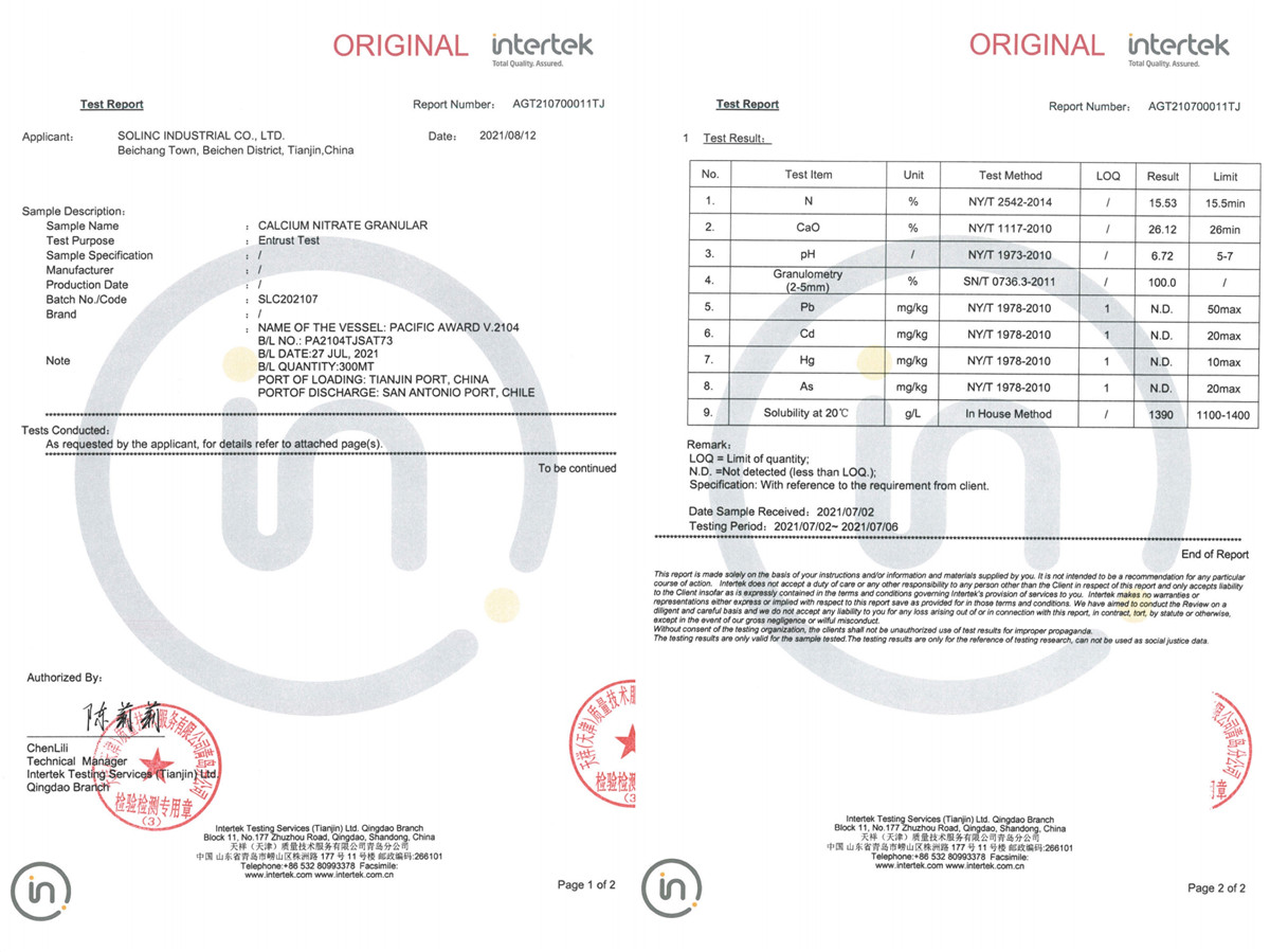 Third party inspection report  Calcium Nitrate Granular tested by solinc fertilizer
